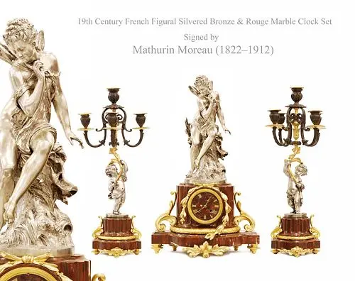 19th C. French Silvered Bronze & Rouge Marble Figural Clock Set, Moreau Signed