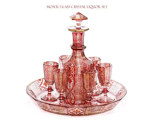 19th Century Moser Glass Crystal Liquor Set (8 Pieces)