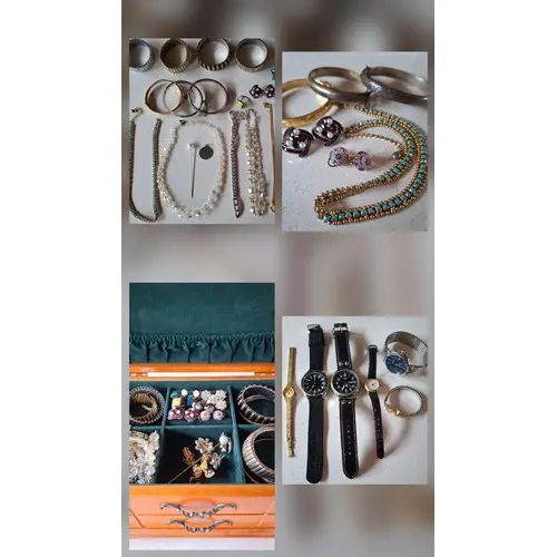 A modern jewellery box and contents to include a white metal...