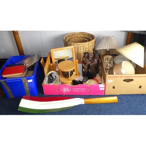 A qty of misc to inc lamps, baskets, carved oriental figures...