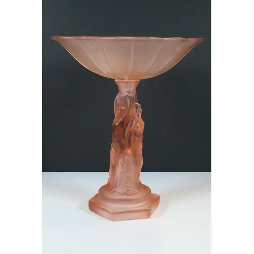 Art Deco frosted pink glass figural tazza, the bowl resting ...