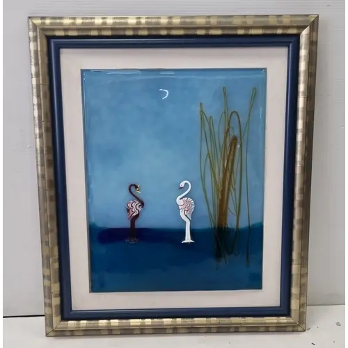 Framed Murano Style Glass Wall Panel artwork depicting flam...