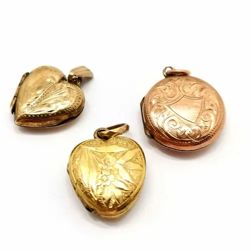 Antique 2 x 9ct back & front lockets (heart shaped & rose go...