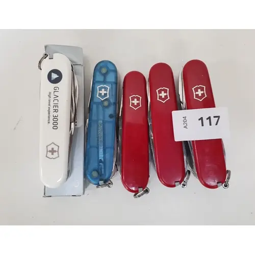 SELECTION OF FIVE VICTORINOX KNIVES INCLUDING (RED, BLUE), B...