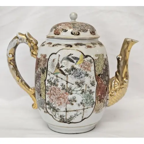 Japanese Porcelain Teapot decorated with panels of birds & f...