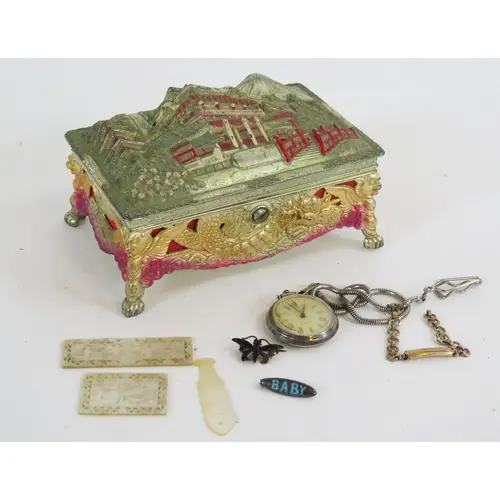 A Japanese metal jewellery box, containing mother-of-pearl g...