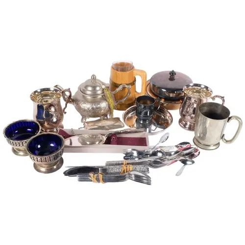A collection of various silver plated items, including teapo...