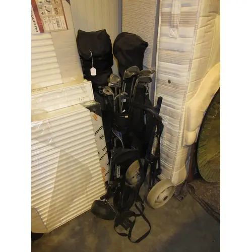 Three Golf Bags with Clubs and 2 Caddy Cars