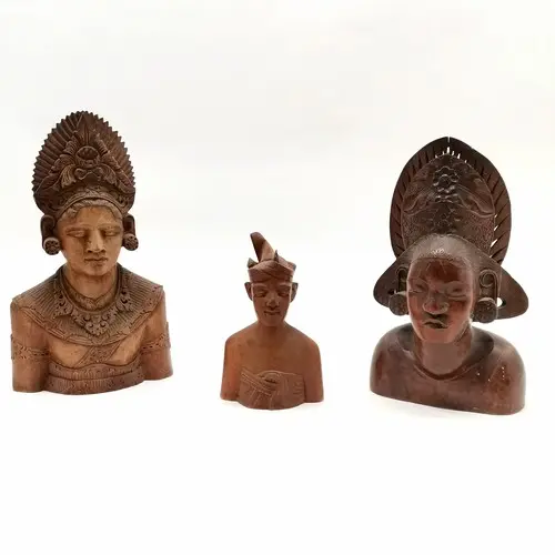 3 x hand carved wooden Asian busts - tallest 31cm & SOLD IN ...