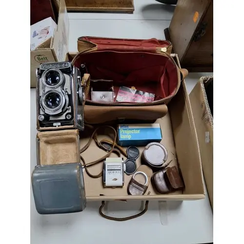 A BOX CONTAINING VINTAGE YASHICA 44 CAMERA AND ACCESSORIES, ...