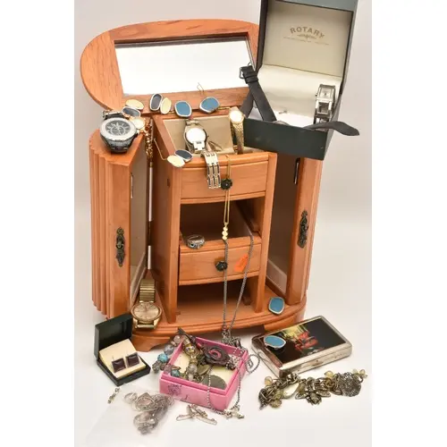 A BOX OF ASSORTED ITEMS, to include a three white metal pend...