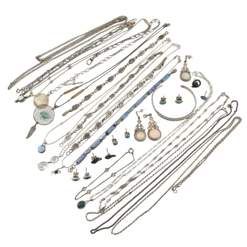 Collection of silver, white metal and synthetic opal jewelle...