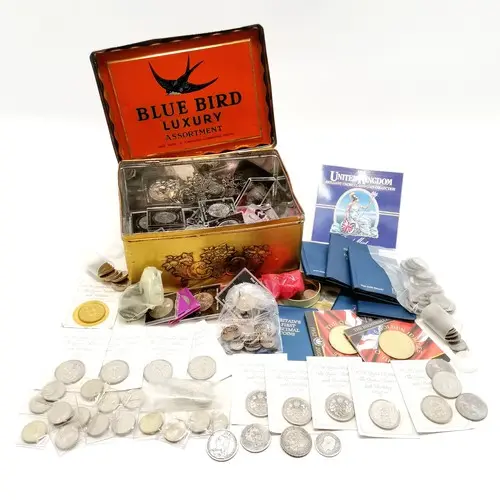 Blue bird tin with qty of GB coins inc 3 crowns (George III,...