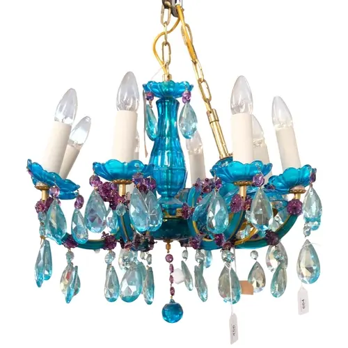 A coloured glass and crystal 8-branch Italian design chandel...