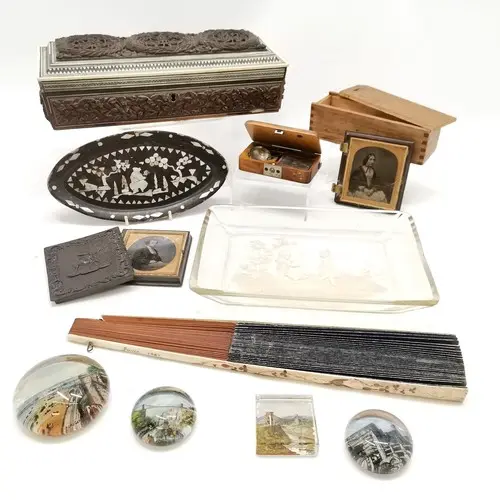 Qty of oddments inc boxed scales, 2 x antique photographs, p...