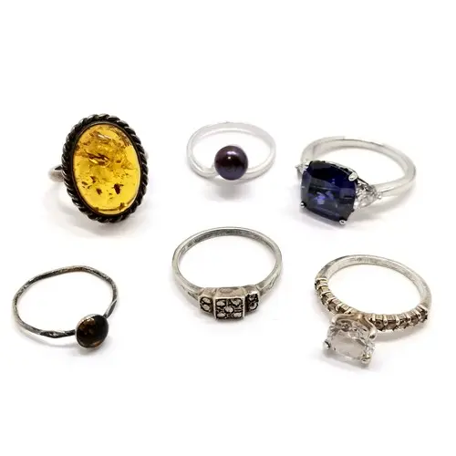 6 x Silver rings inc amber, black pearl, large stone set, et...