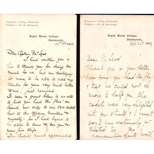 2 x 1919 Royal Naval College, Dartmouth hand written letters...