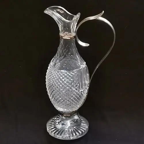 Antique C1850 diamond cut lead crystal ewer with silver plat...