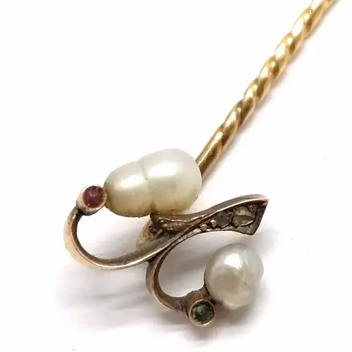 Antique 18ct marked gold baroque pearl & stone set tie pin -...
