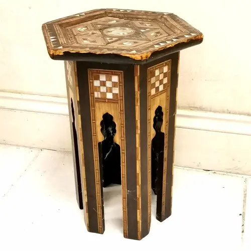Antique Moorish inlaid side table - 46.5cm high x 31cm acros...