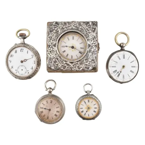 A collection of five continental silver pocket and fob watch...