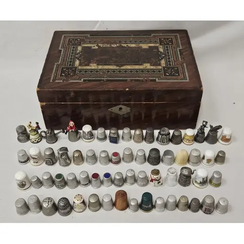 Wooden Workbox with key containing vintage thimbles, mostly ...