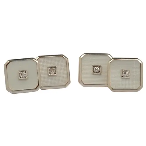 A pair of Art Deco mother of pearl and diamond cufflinks, ea...