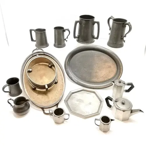 Qty of pewter inc antique, large tyg tankard with glass base...