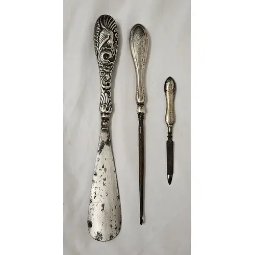 Silver Handled Large Button Hook with steel blade, silver ha...