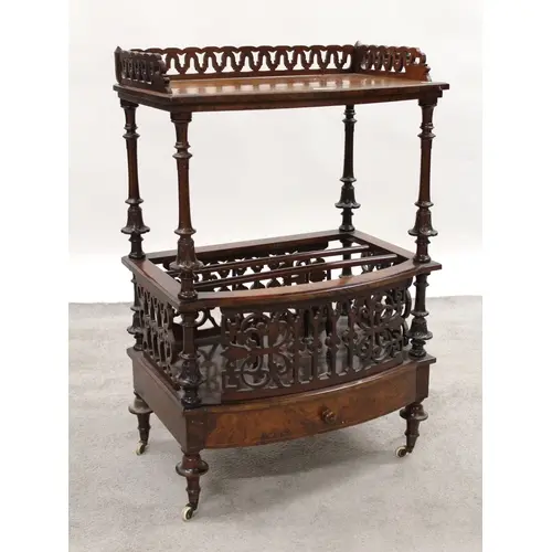 Victorian figured walnut Canterbury whatnot, the figured top...