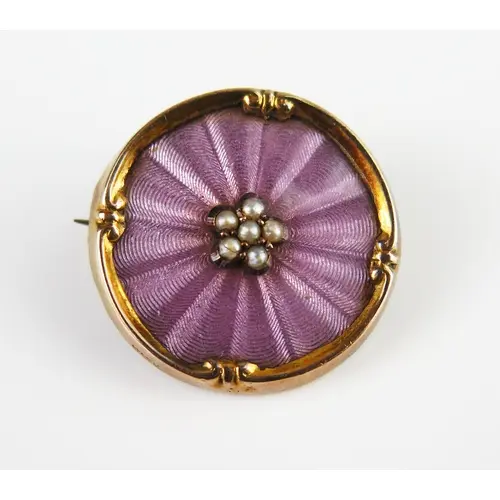 An antique guilloche enamel and seed pearl shield brooch in...
