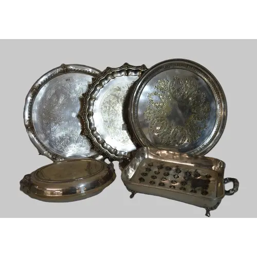 Three various silver plated circular salvers, plated entrée ...