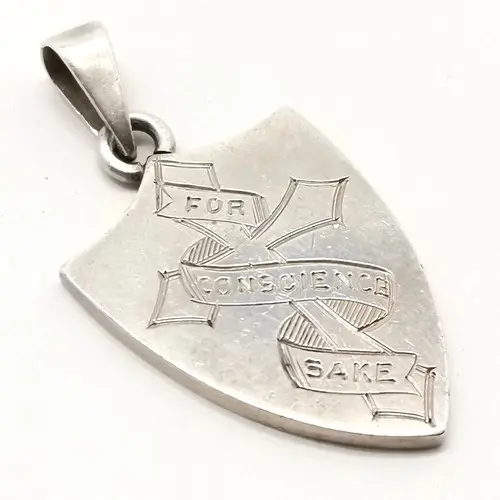 1914 WWI 'For conscience sake' unmarked silver shield pendan...