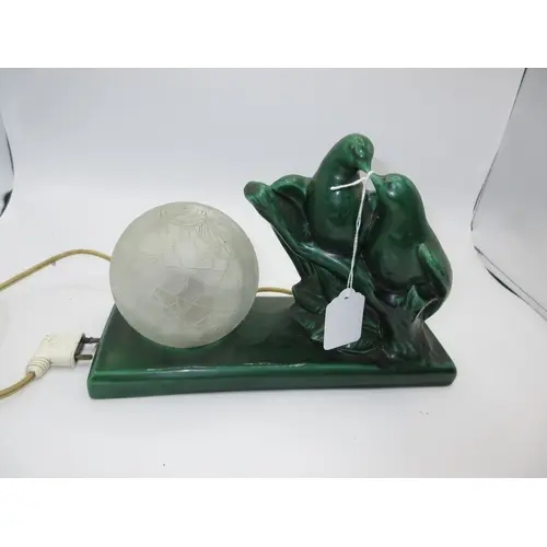 Art Deco Style Green Glazed Pottery Love Birds Lamp with a C...