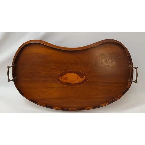 Antique Edwardian Kidney Shaped Mahogany Inlaid Tea Tray wit...