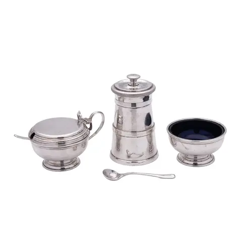 An Elizabeth II three-piece silver condiment set, circular f...