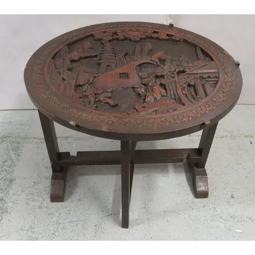 Chinese Carved Wooden Tilt Top Table, carved with figures & ...