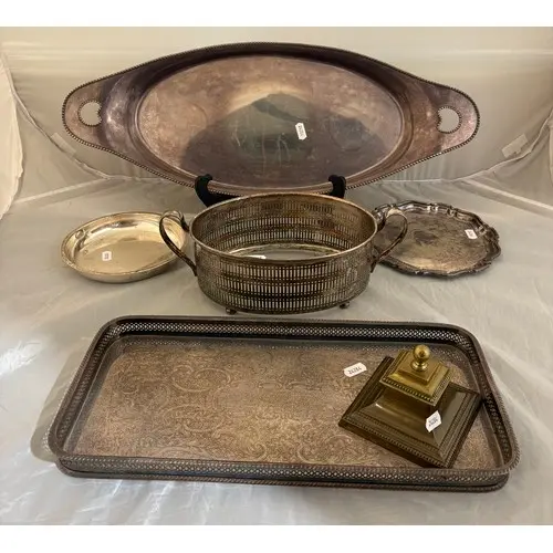 A qty of silver plated trays, brass ink well etc AF