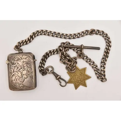 A SILVER ALBERT CHAIN AND VESTA, a curb link chain fitted wi...