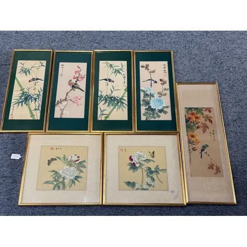 A set of four Japanese watercolours on silk of birds perched...