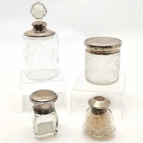 4 x antique silver mounted dressing table jars - largest jar...