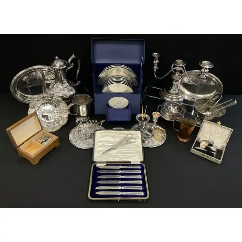 Silver & Plate - a cased set of six silver hafted knives; o...