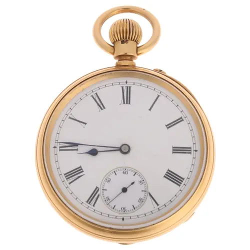 A late 19th century 18ct gold open-face keyless pocket watch...