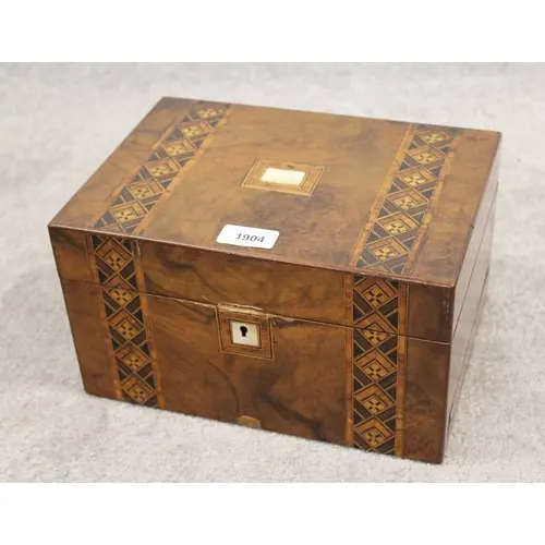 Victorian walnut and parquetry inlaid dressing case, the hin...