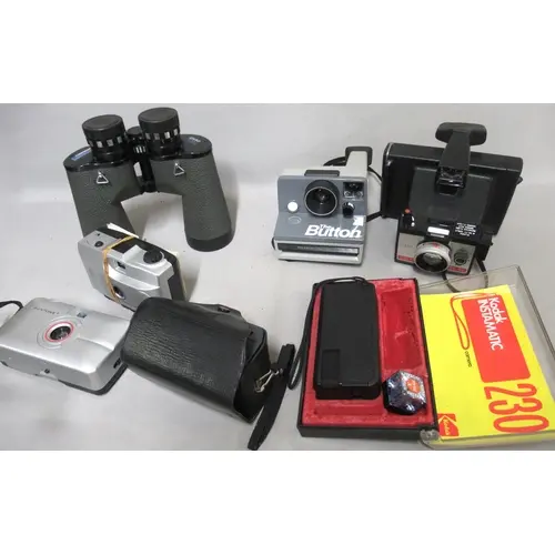 Quantity of various cameras and a pair of binoculars