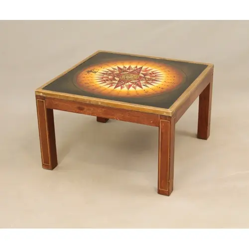 A vintage square brass-bound mahogany and glass coffee table...