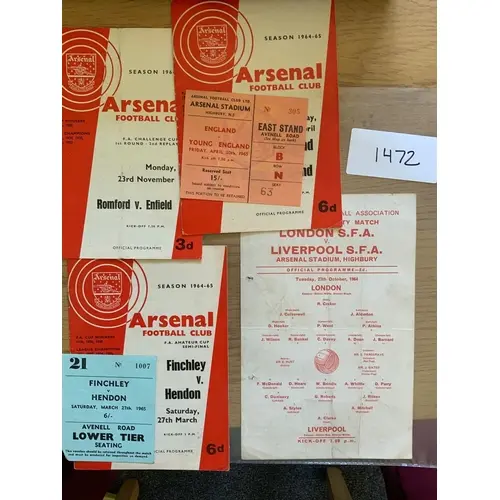 64/65 Football Programmes + Tickets Of Matches At Arsenal: E...