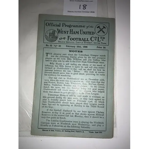 1923 - 1924 West Ham v Chelsea Reserves Football Programme: ...
