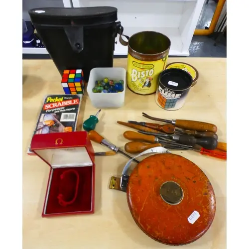 Group of collectables to include an Omega watch box, marbles...