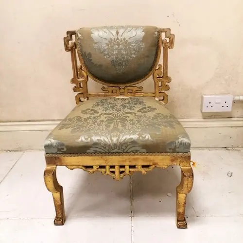 Antique Regency (?) chinoiserie giltwood chair with silk uph...
